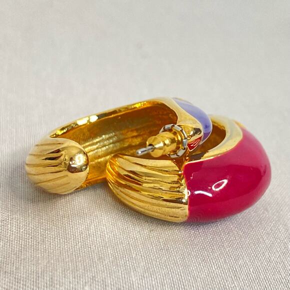 80s Style Huggie Earrings Heavy Gold Tone Metal With Bolor Block Enamel Overlay - Picture 6 of 9